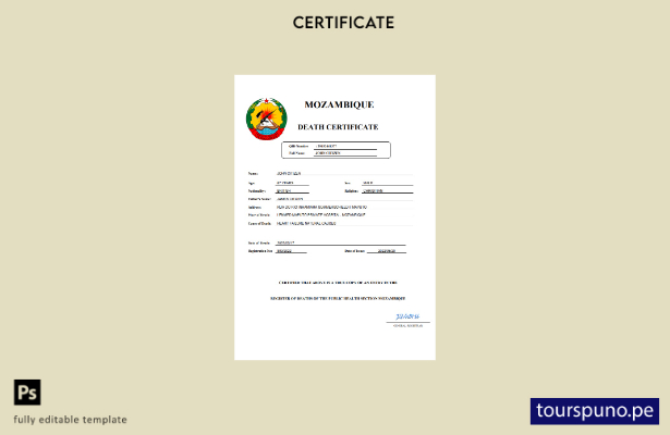 listo para imprimir certificado de defunción del registro civil de Mozambique Pl